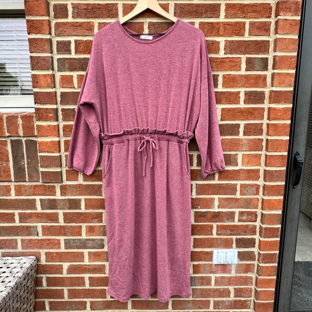 Cherish Dress Paper Bag Waist Pockets Long Dolman Sleeve Burgundy Large